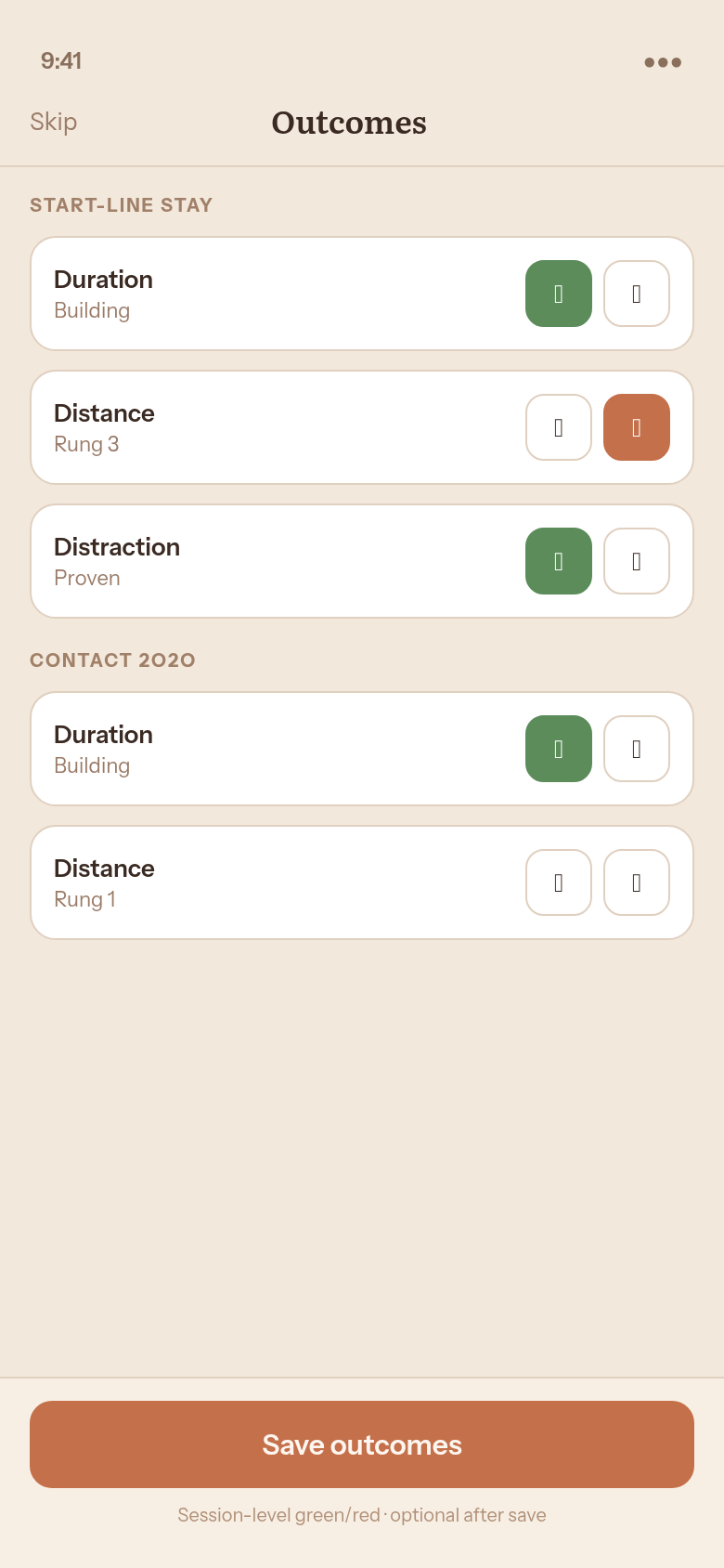 Green and red outcomes for each criterion
